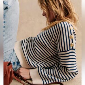 Sezane Navy and Cream Knit Top